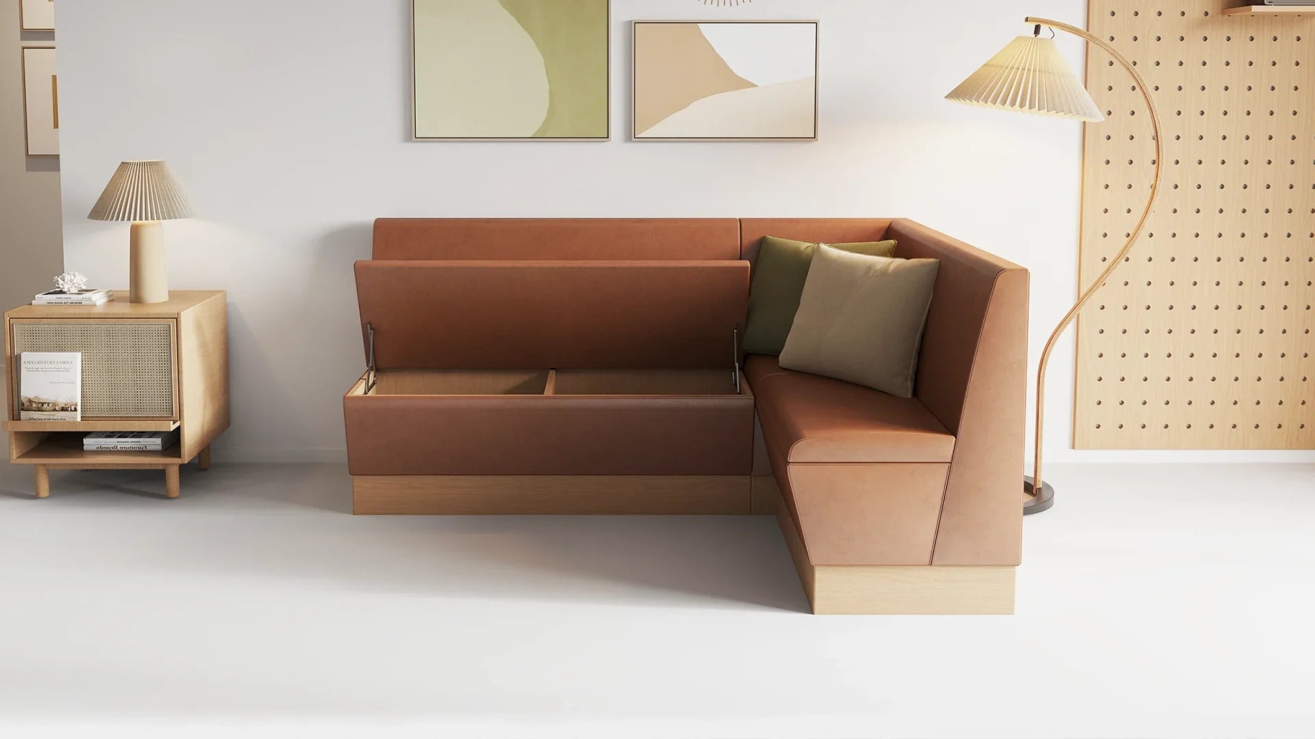 L Shape Booth Set with the seat open in a brightly lit living room