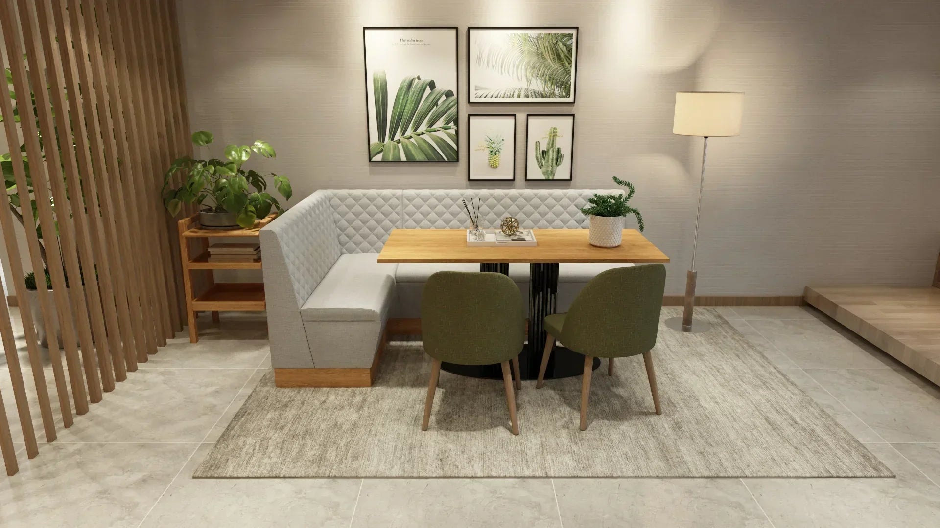 A L shaped quilted booth set in a living room setting interior