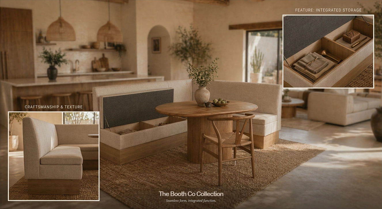 Modern living room with a wooden dining table and beige L shape booth set for dining, featuring 'The Booth Co Collection'. Annotated to show close up of craftmanship and texture and integrated storage